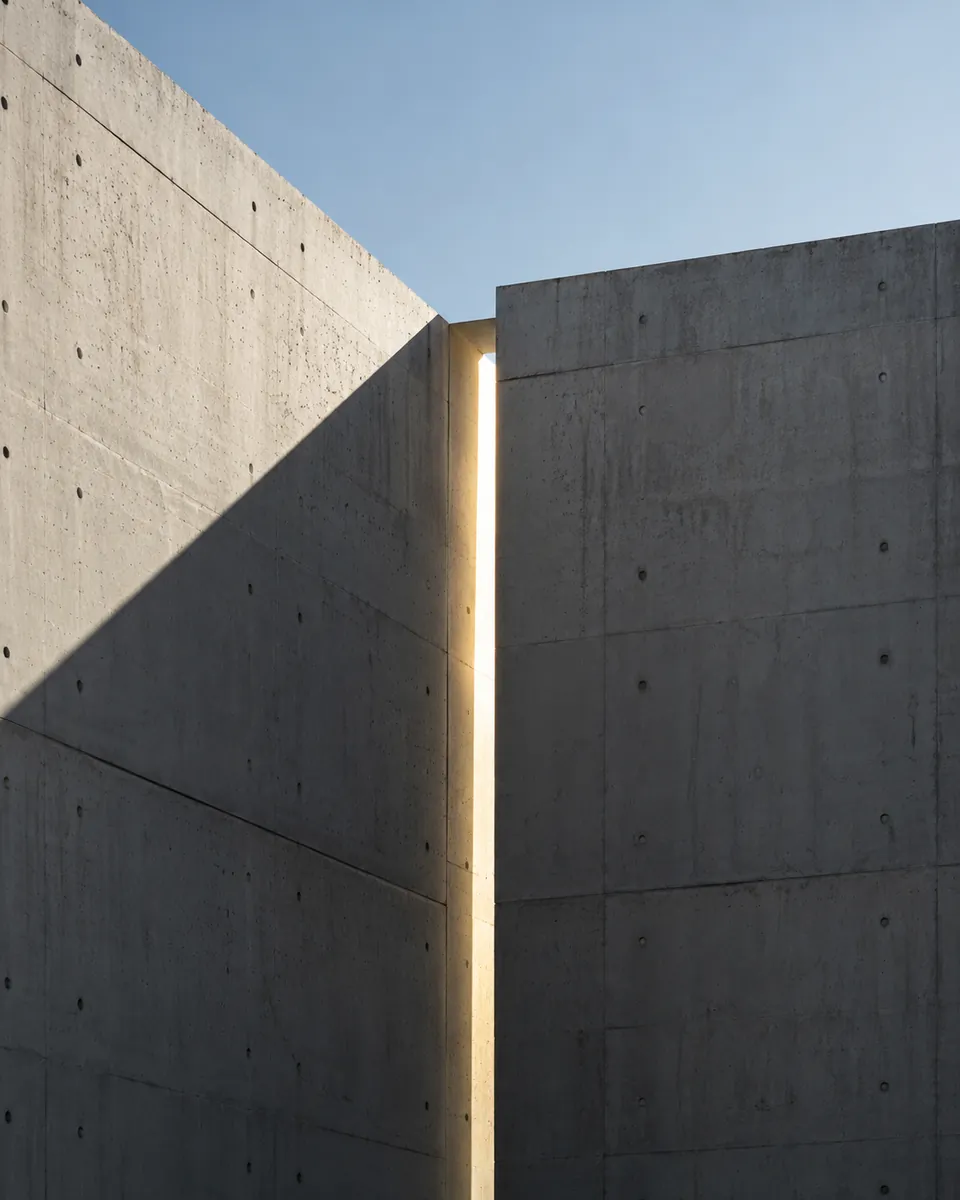 Mur en béton brut traversé d'une fente de lumière verticale