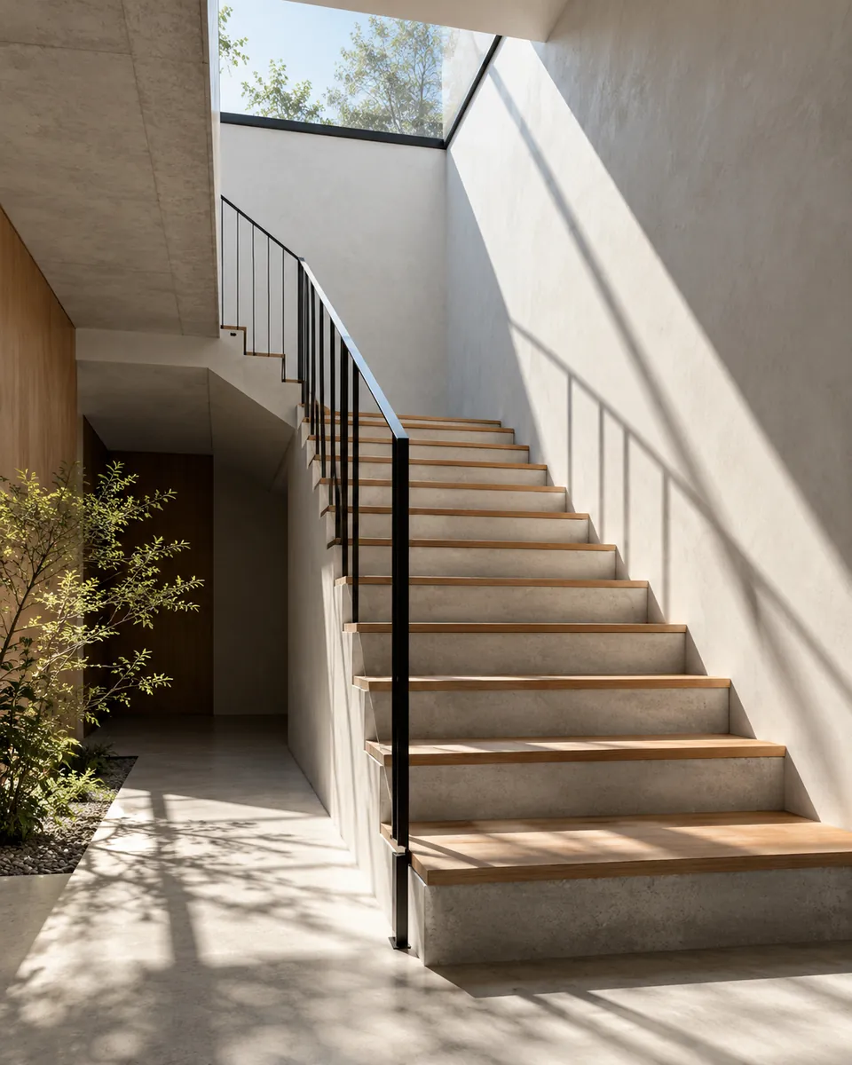 Escalier en béton et bois sous un puits de lumière