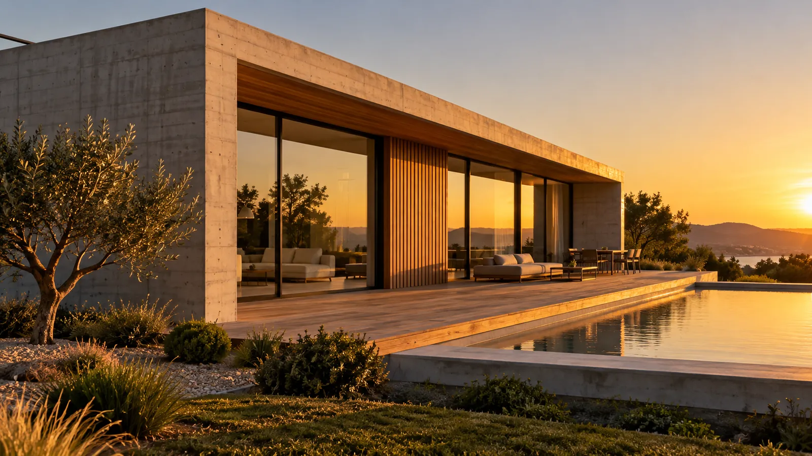 Maison contemporaine en béton et bois, grandes baies vitrées, au crépuscule