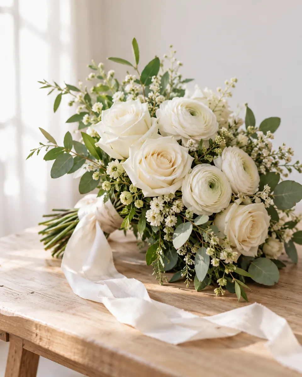 Bouquet de roses blanches sur une table en bois