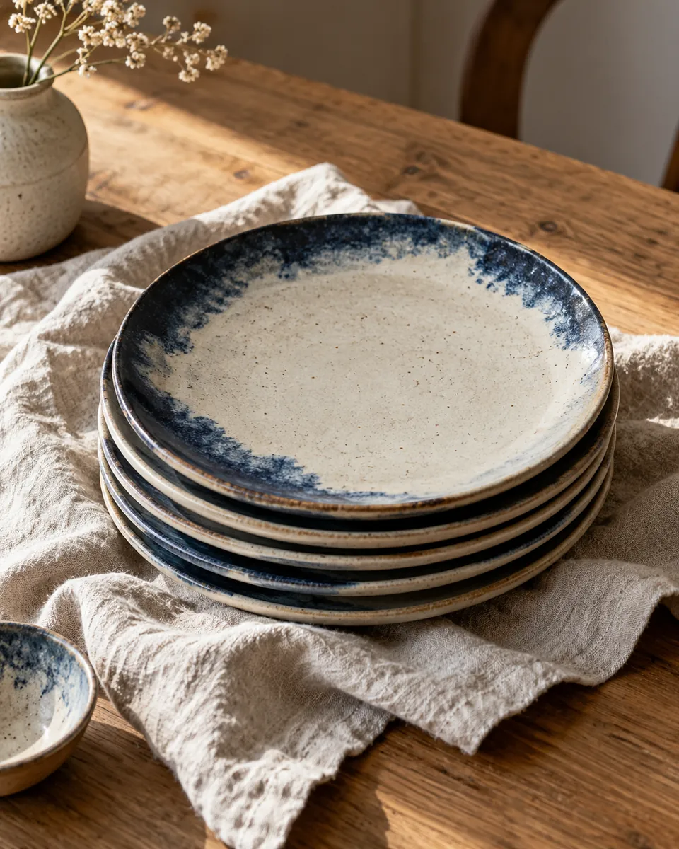 Une pile d'assiettes en grès bleu et blanc sur un linge