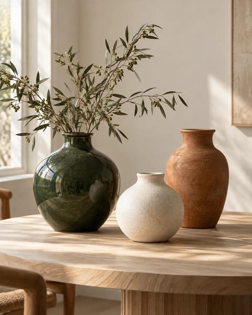 Trois vases en céramique sur une table ronde en bois clair