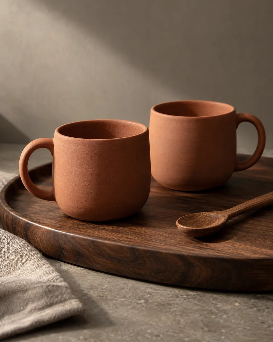 Deux tasses en terre cuite sur un plateau en bois sombre