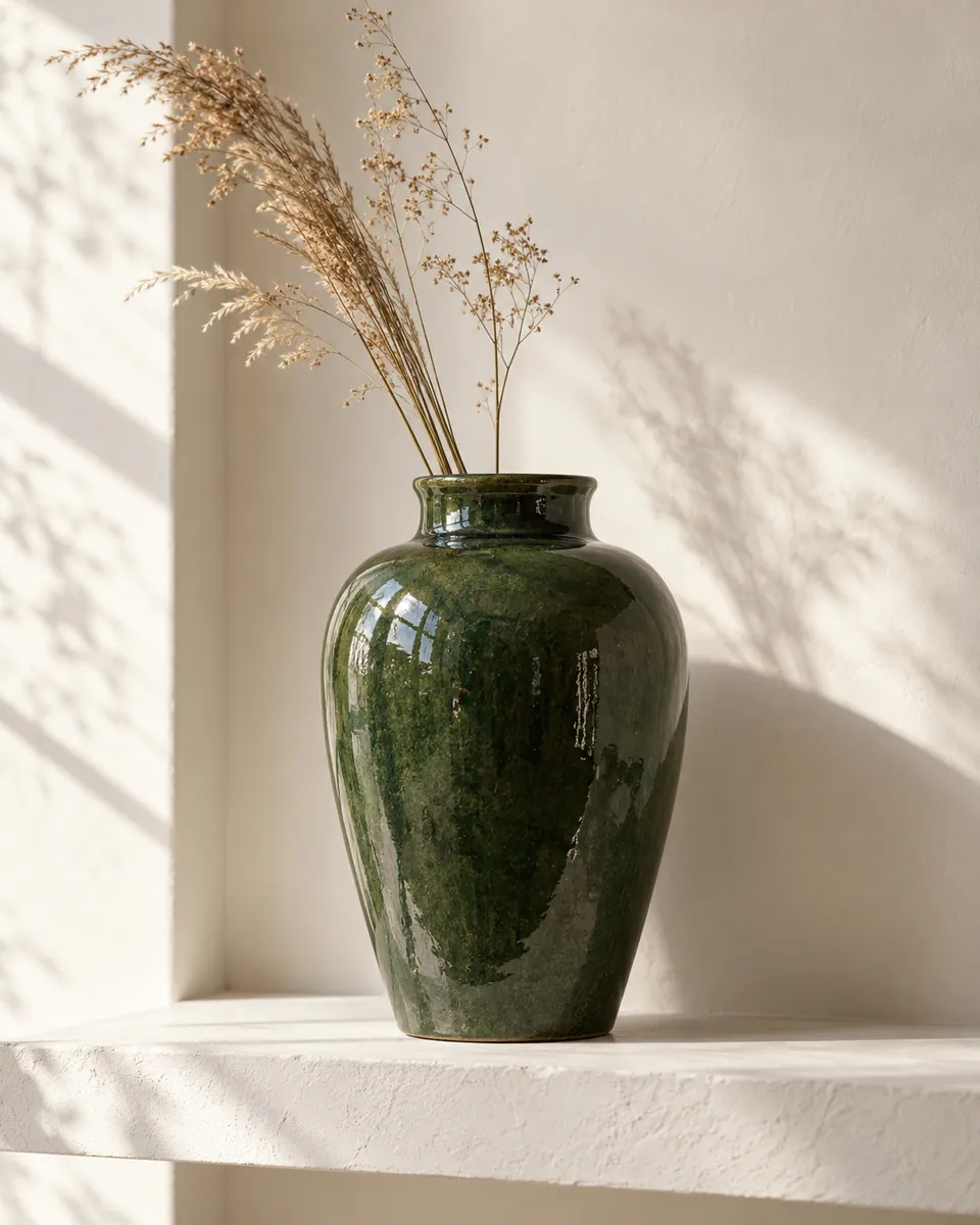 Un vase vert profond et des herbes sèches sur une étagère blanche