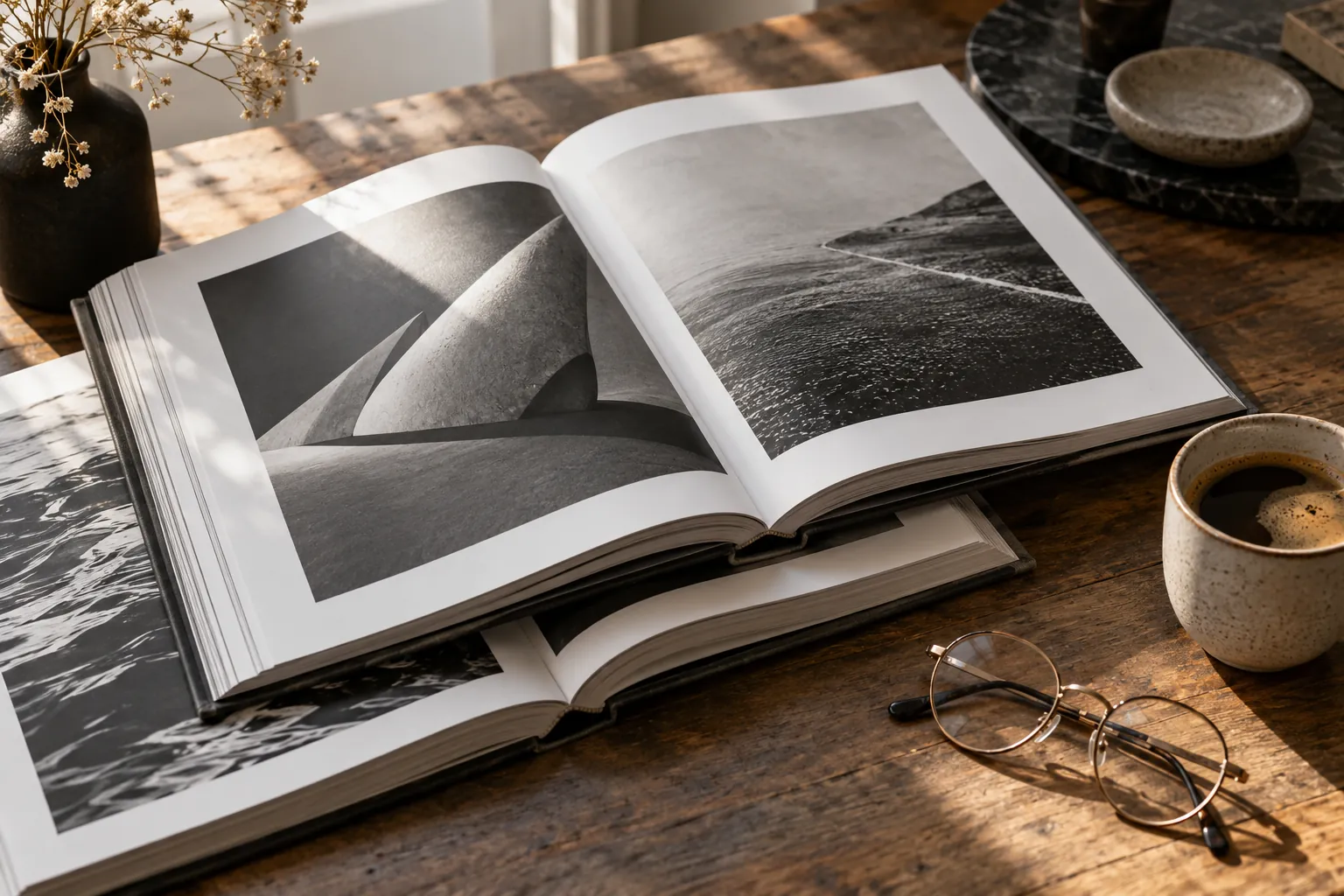 Deux grands livres d'art ouverts sur une table en bois, avec des lunettes rondes et une tasse