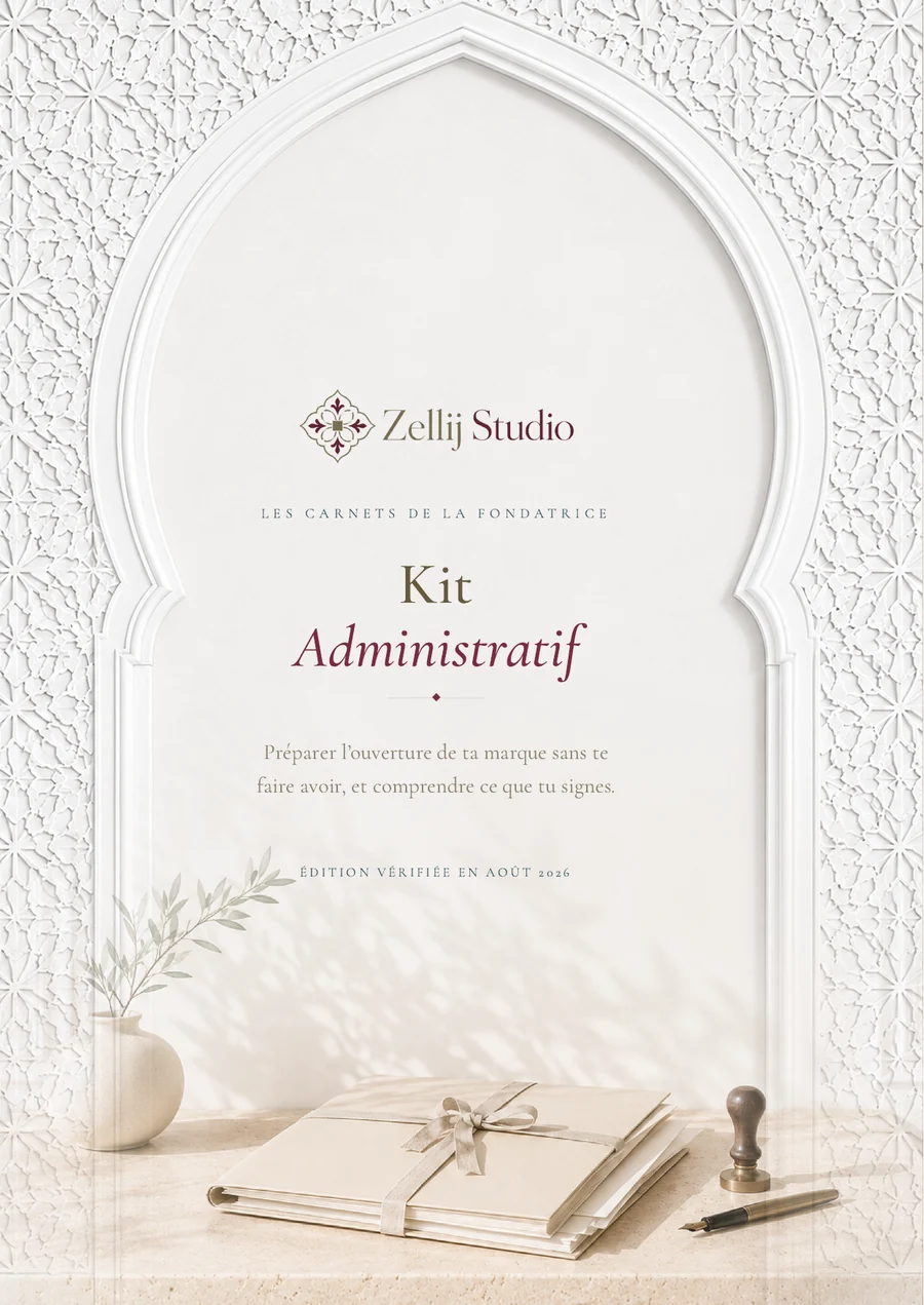 Couverture du Kit Administratif Zellij Studio : arche de plâtre blanc, dossier fermé et cachet de cire