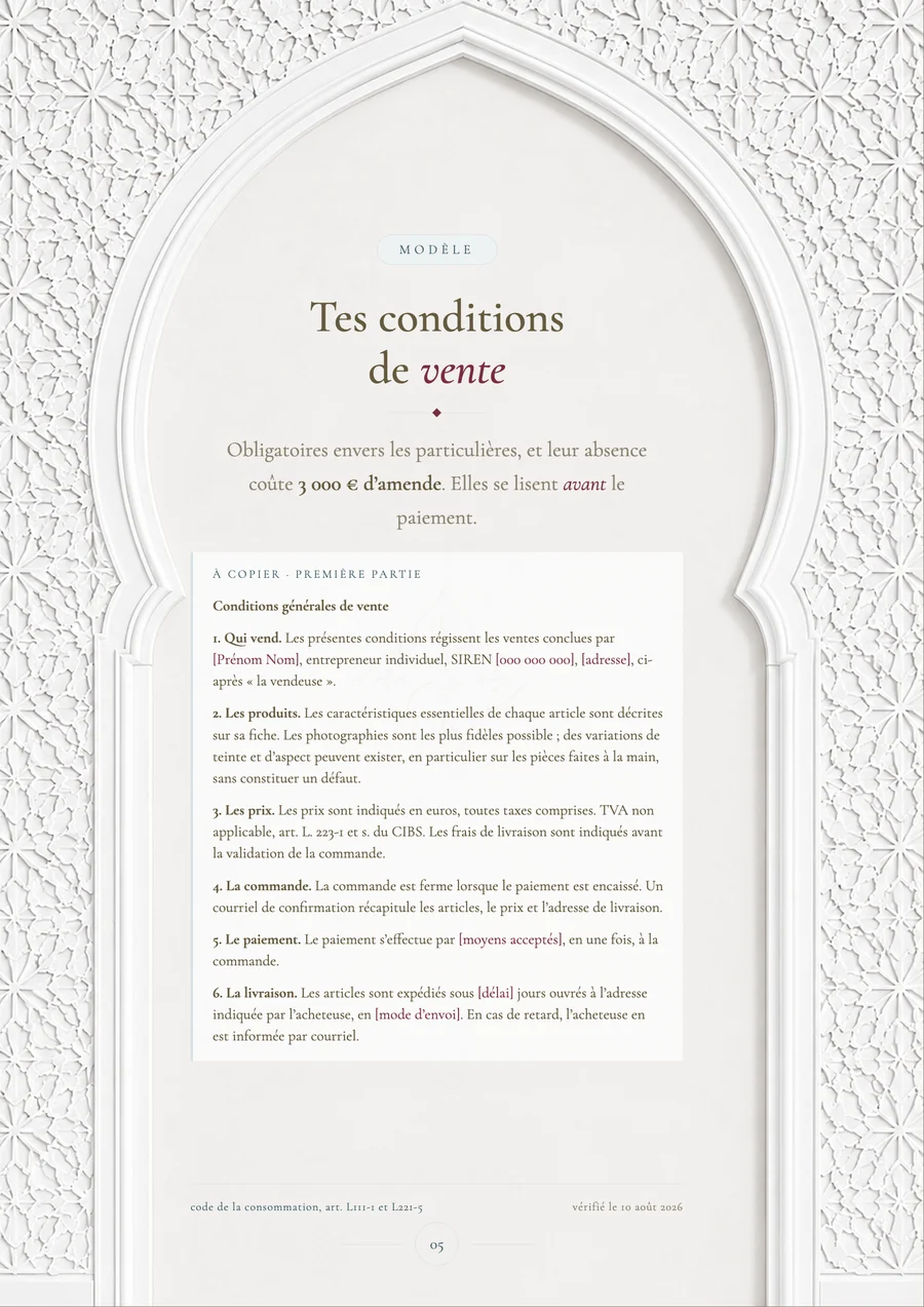 La page « Tes conditions de vente » : même principe, avec la source officielle et sa date en pied de page.
