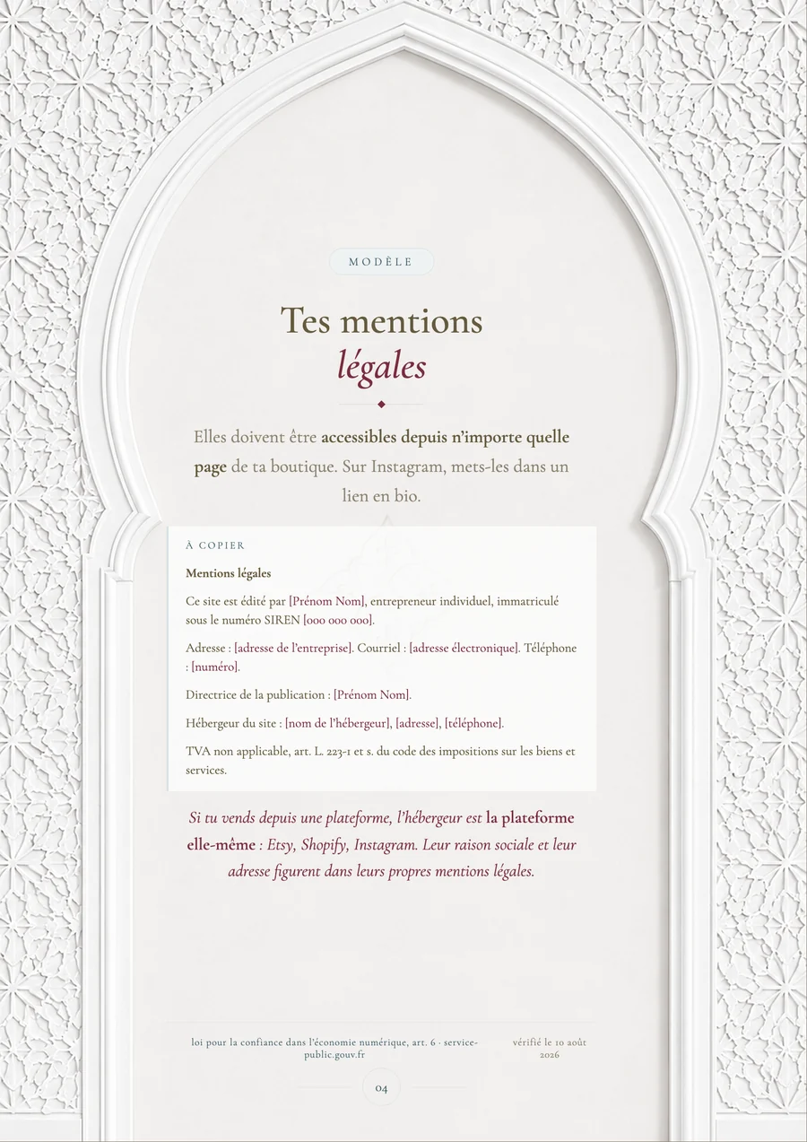 La page « Tes mentions légales » : le texte à copier est dans un bloc à part, et les crochets marquent ce que tu dois remplacer.